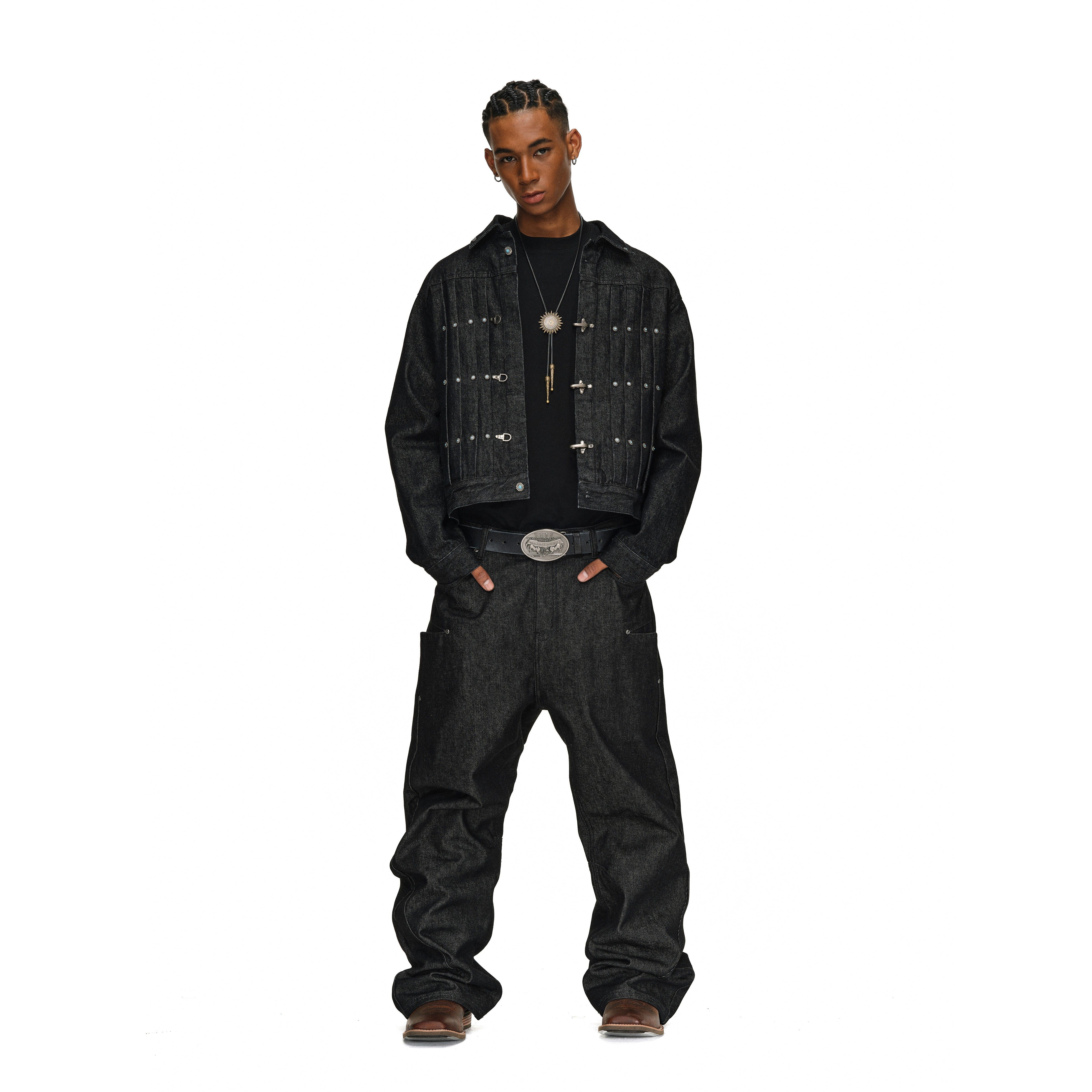 ANTIDOTE美式工装飞机扣打褶牛仔夹克男春秋翻领短宽原牛外套上衣