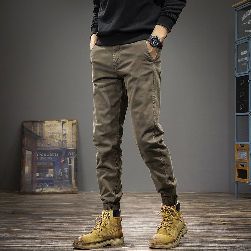 春夏潮牌美式覆古束脚工装裤男痞帅男款休闲 裤春季修身小脚长裤