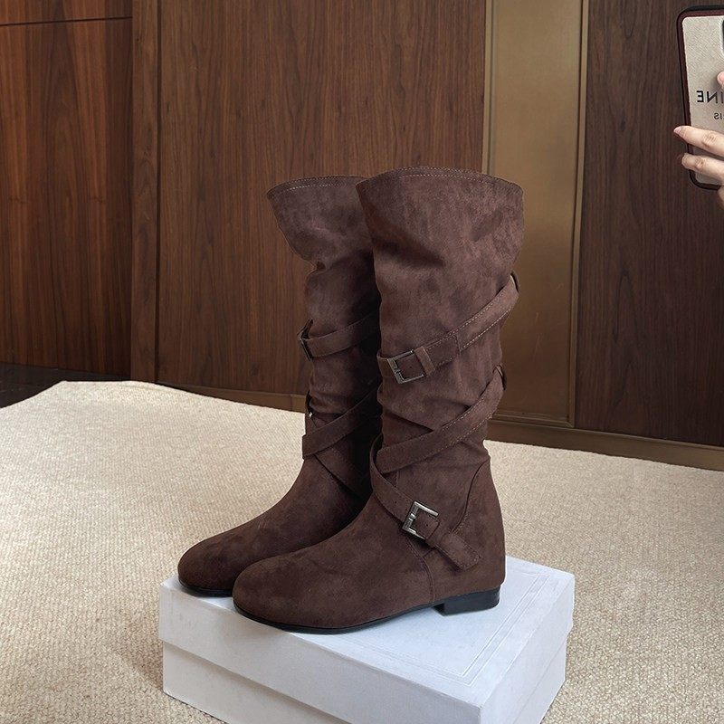 增高7cm~时髦交叉带平底西部靴圆头中高筒骑士靴长筒靴子女堆堆靴,女鞋,西部靴,淘宝优惠券,粉丝福利购,淘宝优惠卷