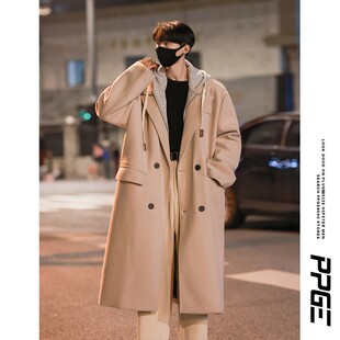 黑色中长款过膝毛呢大衣男冬季韩系高级感宽松假两件大码风衣外套