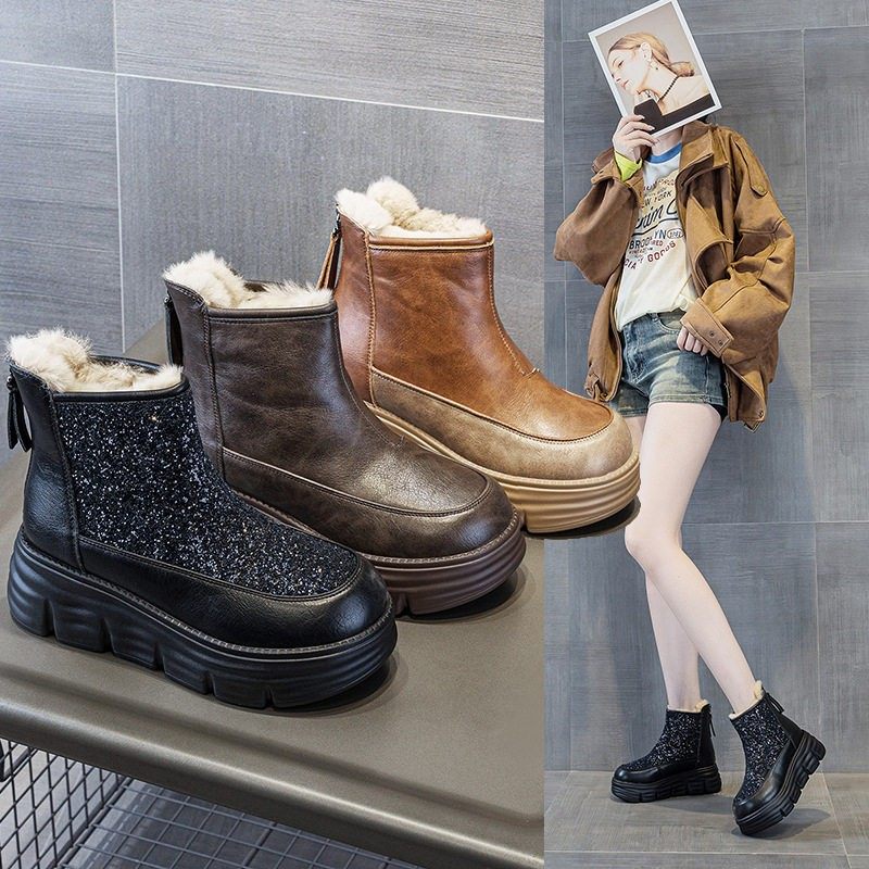 真皮内增高雪地靴女款2025冬季新款棉鞋加绒加厚小个子厚底马丁靴