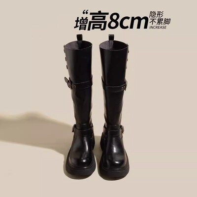 纪诗哲小个子长筒靴女秋冬新款加绒厚底骑士时装马丁靴内增高8cm