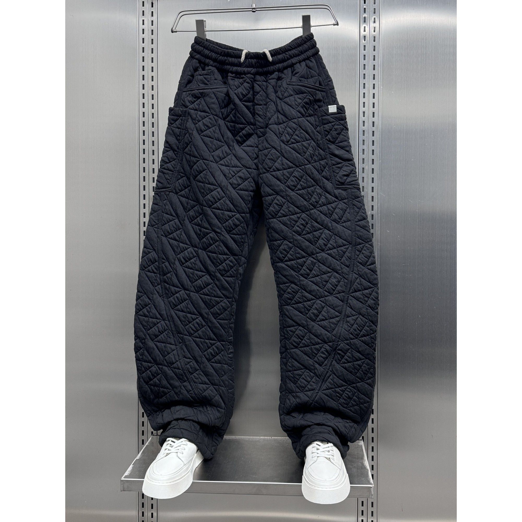 钻石格纹棉男裤2024冬季外穿加厚裤宽松直筒休闲裤时髦的弯刀裤