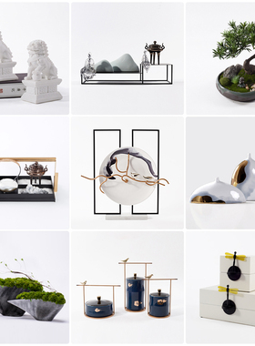 轻奢新中式摆件高端别墅软t装饰品样板间书房茶室茶W壶托盘套装摆