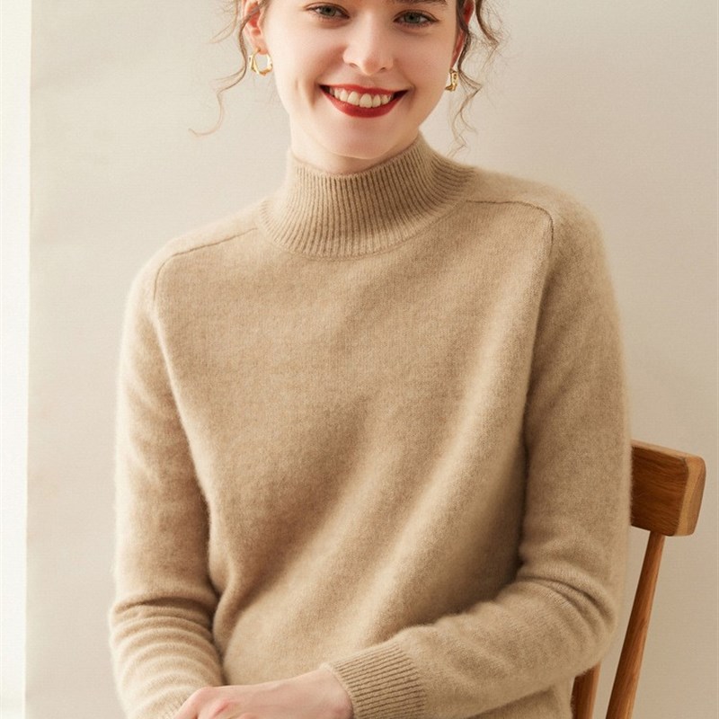 软糯山羊绒半高领女士加厚纯色毛衣宽松休闲马鞍肩秋冬新款打底衫