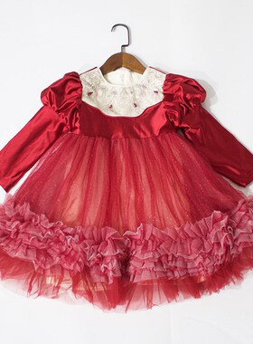 特卖新年冬儿童红色连衣裙加绒拜年裙纱裙泡泡袖公主节日礼物