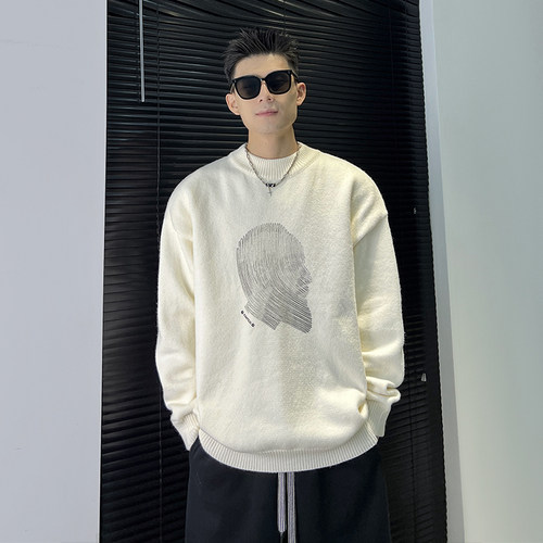杠叔圆领毛衣男秋冬季印花设计感美式潮牌潮流宽松休闲针织衫