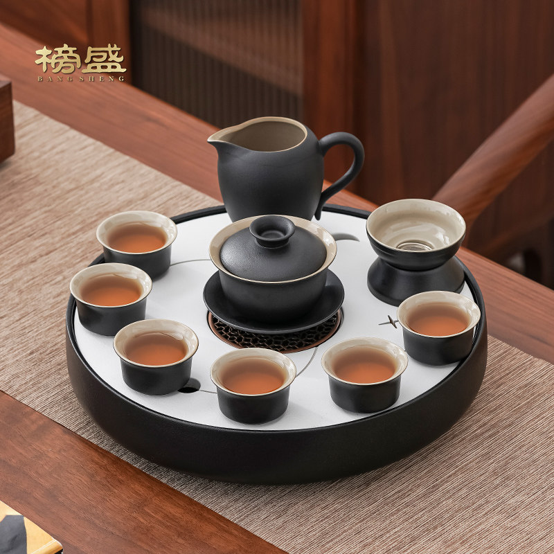黑陶茶具茶盘套装家用办公室2025新款高档功夫茶杯盖碗茶台一整套
