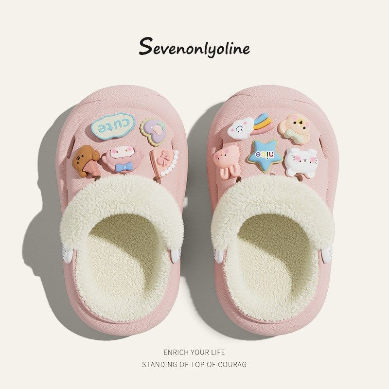 冬季新款儿童绑带卡通小动物外穿居家内里加绒保暖鞋花洞洞鞋