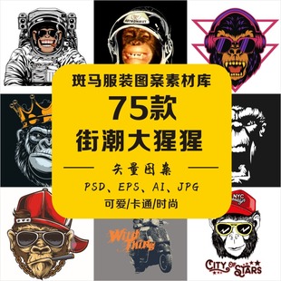 卡通手绘酷炫动物猩猩猴子拟人街头潮流男女服装印花矢量图案素材