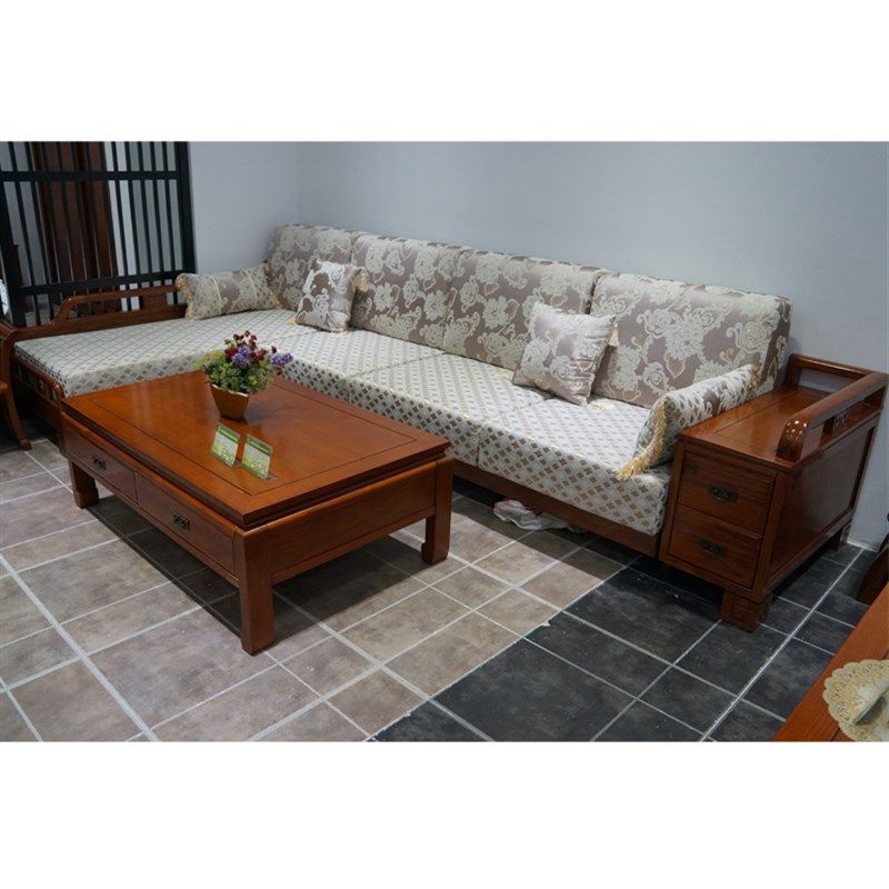 金斧家具L5实木中n式转角贵妃沙发新中式家具榆木贵妃榻布艺沙发