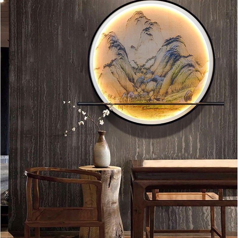 灯光画新中式圆形电表箱壁w灯玄关挂画茶室禅意挂件置物架装饰画图片