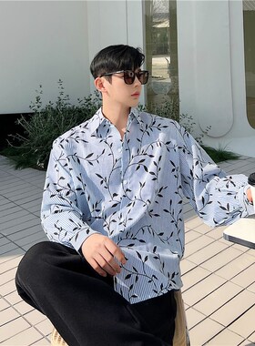 春夏小众枝叶碎花休闲衬衣男长袖韩版条纹宽松设计感薄款垂感衬衫
