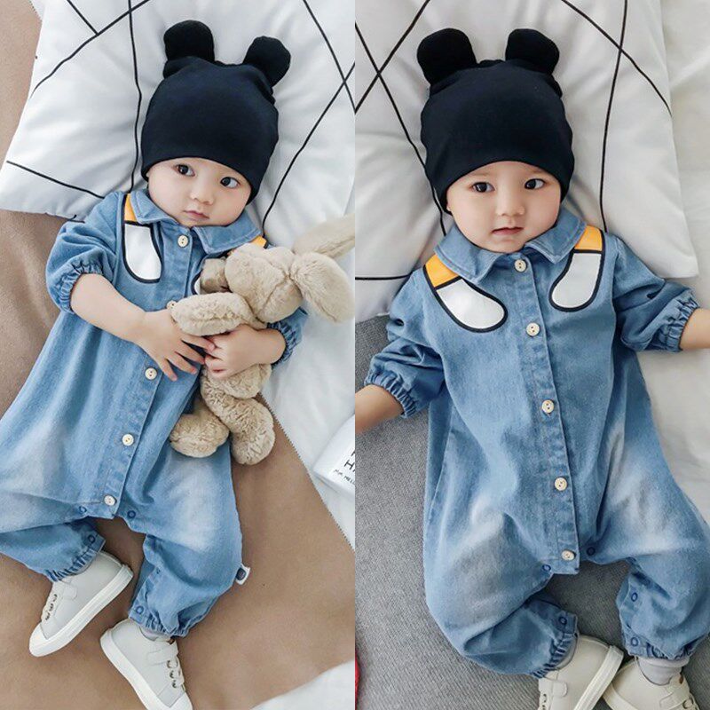 男婴儿牛仔连体衣服外穿秋季外出服宝宝春秋秋装套装秋款洋气一岁