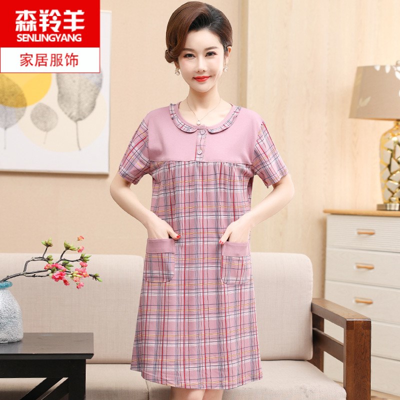 中年人妈妈夏天短袖纯棉薄款睡裙夏季女士休闲宽松连衣裙子中长款