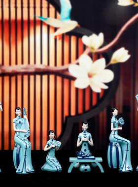 复古中式旗袍仕女摆件创意客厅书柜玄关博古架轻奢艺术装饰工艺品