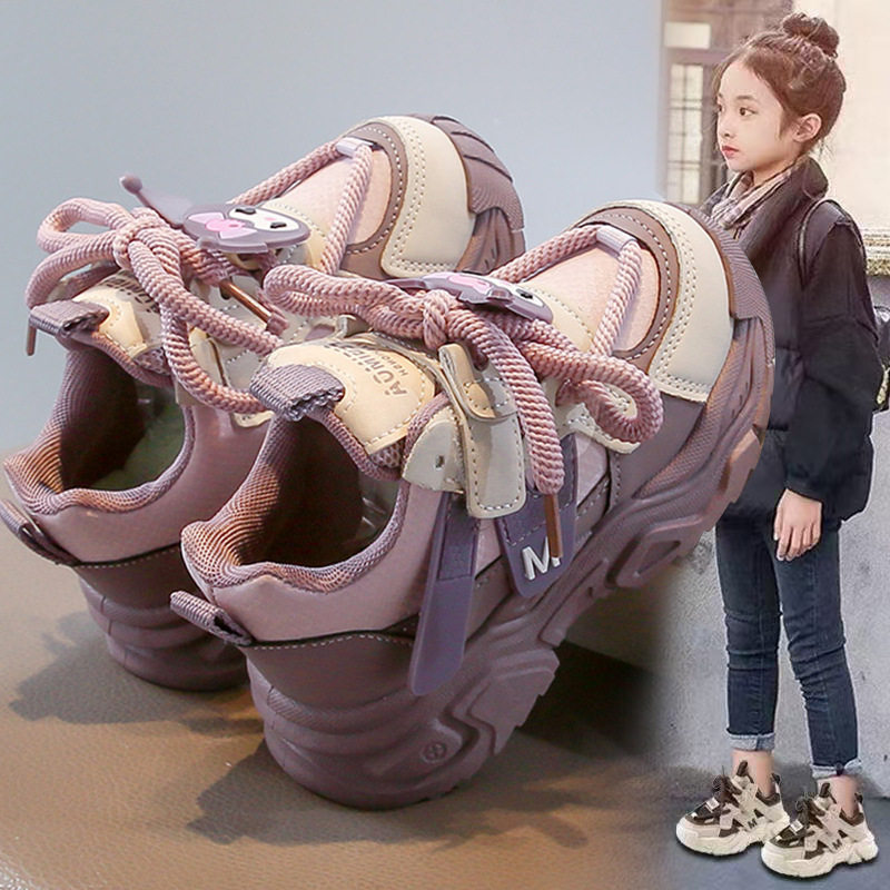 库洛米女童鞋子秋冬新款软底儿童跑步老爹鞋皮面防水小女孩运动鞋