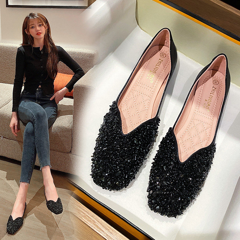 34小码平底水钻单鞋女2022年新款爆款瓢鞋豆豆鞋大码41-43脚肥脚,女鞋,浅口单鞋,淘宝优惠券,粉丝福利购,淘宝优惠卷