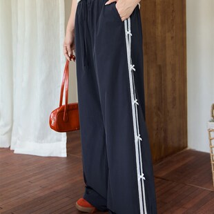 晓波2025夏季胖mm韩式高腰对比色蕾丝松紧带阔腿裤