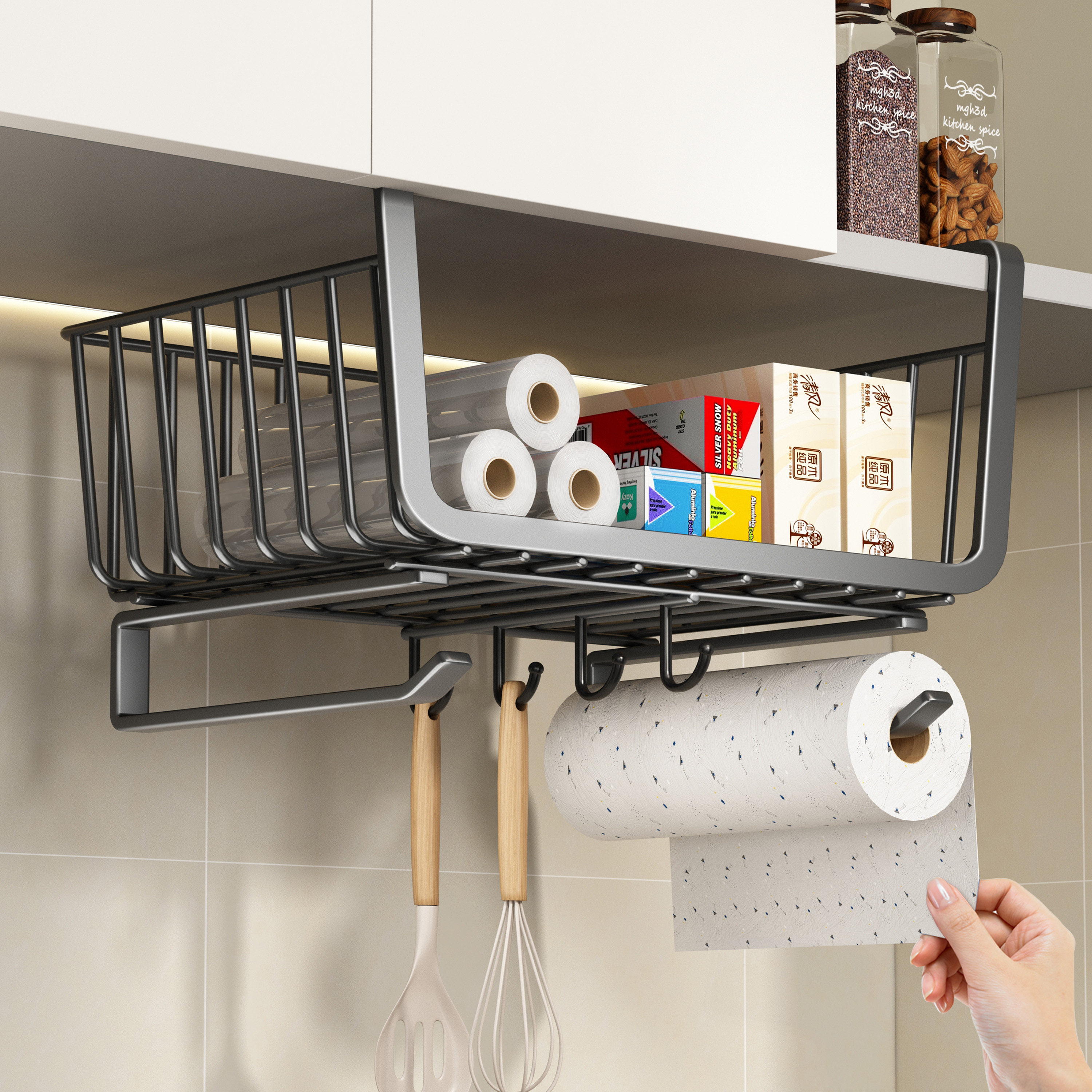 厨房用纸挂架保鲜膜收纳架多功能置物架懒人抹布橱柜挂钩吸油纸架,收纳整理,纸巾架,淘宝优惠券,粉丝福利购,淘宝优惠卷
