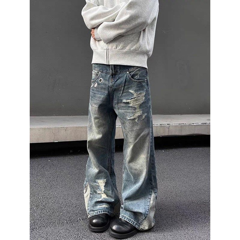 美式高街复古双腰头牛仔裤男女宽松直筒做旧水洗割破设计感阔腿裤,男装,牛仔裤,淘宝优惠券,粉丝福利购,淘宝优惠卷
