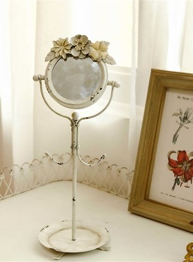 法式花朵装饰镜带托盘带挂钩的化妆镜首饰挂架复古白色桌面装饰