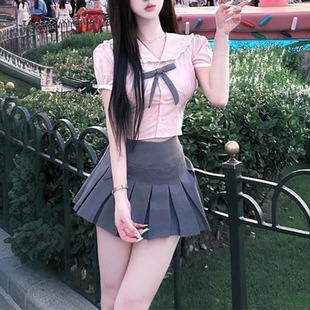 百褶裙两件套 学院风甜辣妹粉色套装 女夏季 jk制服 小个子韩系衬衫