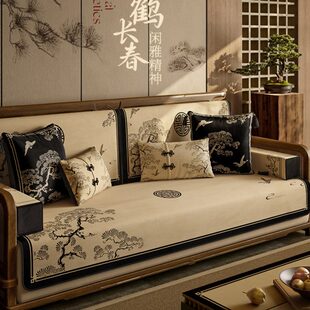 通用防滑中式 喜即松鹤红木沙发套罩四季 三坐一贵妃沙发垫实木盖布