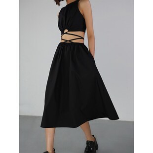 ousph 黑色半身裙女2024夏季高腰中长款a字裙吊带背心套装两件套