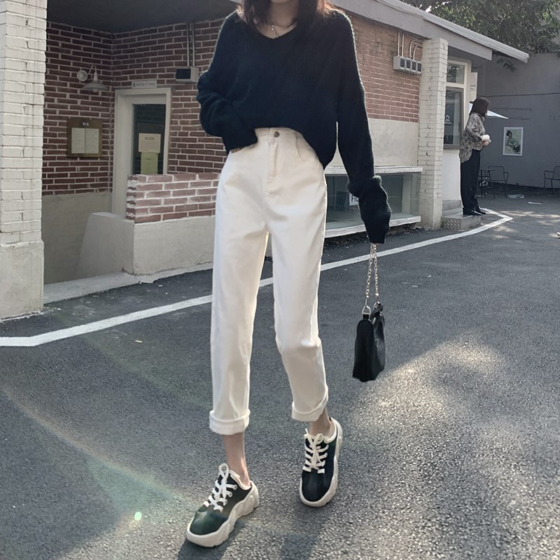 秋季新款白色直筒牛仔裤女梨形身材胖mm显瘦宽松弹力九分烟管裤子