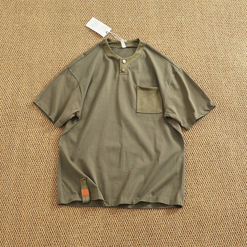 美式复古扣领短袖T恤衫男拼布宽松重磅双纱纯棉夏季纯色口袋T恤潮,男装,T恤,淘宝优惠券,粉丝福利购,淘宝优惠卷