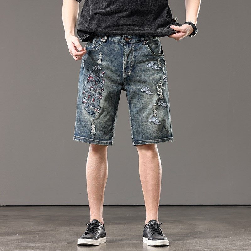 美式潮牌怀旧破洞刺绣牛仔短裤男士中裤大码休闲宽松半截五分裤子,男装,短裤,淘宝优惠券,粉丝福利购,淘宝优惠卷