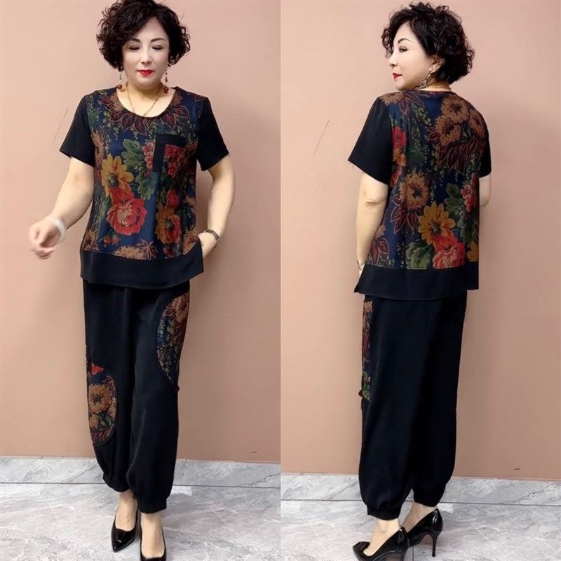 中老年妈妈夏季宽松显瘦遮肚子加肥 加大码哈伦裤真丝两件套装女,女装/女士精品,时尚套装,淘宝优惠券,粉丝福利购,淘宝优惠卷
