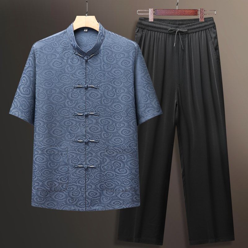 夏季短袖爸爸唐装男款中老年冰丝棉绸爷爷夏装中国风套装老人衣服,男装,唐装,淘宝优惠券,粉丝福利购,淘宝优惠卷