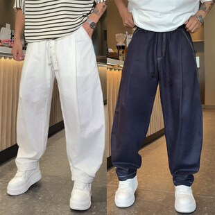 夏季薄款亚麻凉爽垂感弯刀休闲裤男士简约百搭明线褶皱阔腿直筒裤