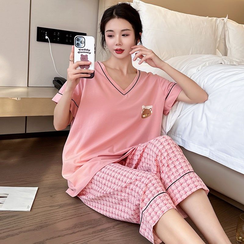大码胖妹妹夏季睡衣薄款纯棉v领短袖七分裤全棉家居服女200斤胖mm