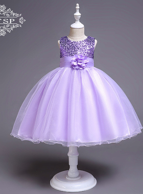 女童亮片礼服裙公主网纱蓬蓬连衣裙儿童晚会主持钢琴表演演出裙