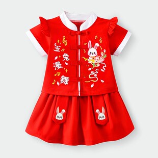 一周岁生日宴女宝宝秋夏季红色衣服女孩唐装抓周礼服兔宝套装女童