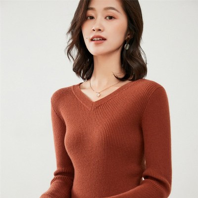 秋季新款V领修身羊毛衫低领针织衫短款套头打底衫长袖紧身毛衣薄