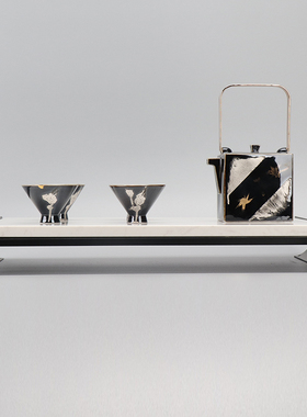 新中式茶具套装金属托盘刷银陶瓷茶壶摆件样板房书房茶室桌面饰品