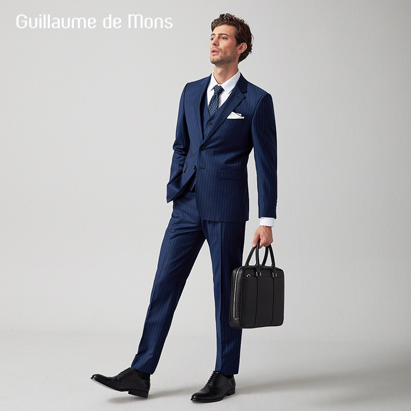 【澳嘉】西服套装男士羊毛蓝色条纹三件套新郎结婚礼服男定制西装