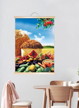 五谷丰登竖版装饰画麦子稻谷丰收画田园风景天地实木卷轴餐厅画
