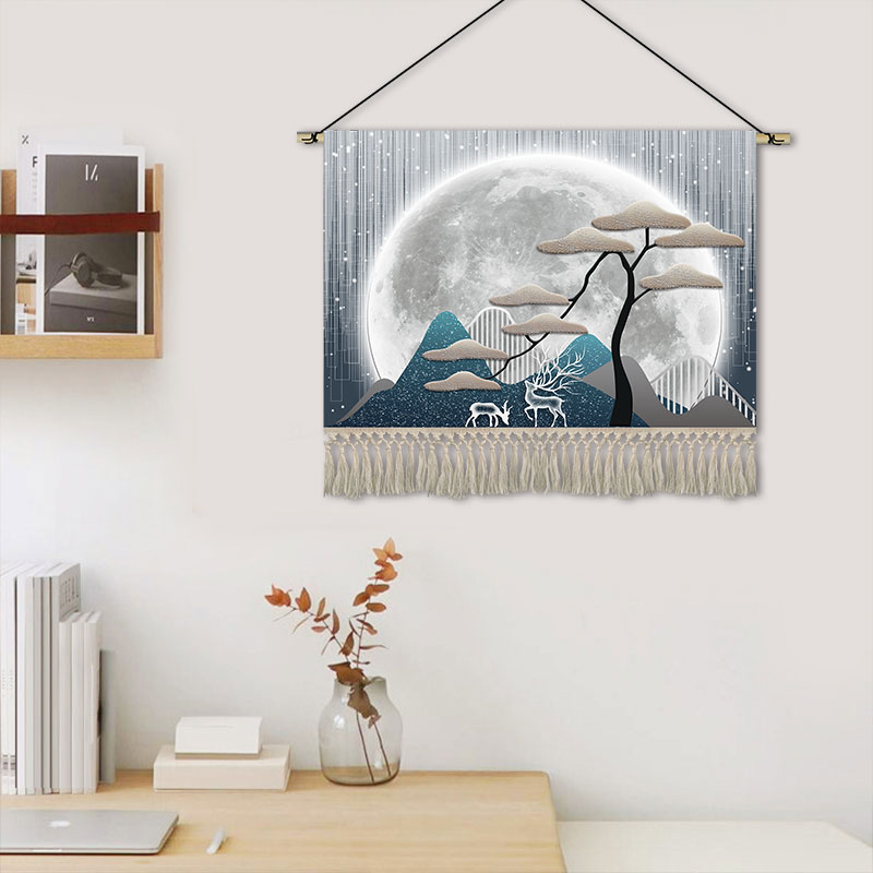 灯光麋鹿挂画布艺餐厅床头装饰画背景墙挂毯画玄关横版挂布定制画图片