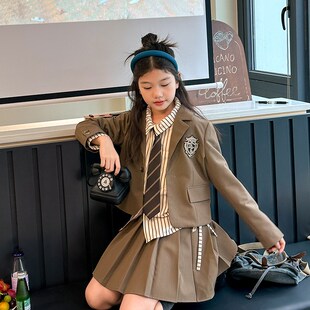 女童套装2023秋装新款中大童西装洋气学院风衬衫外套短裙三件套潮