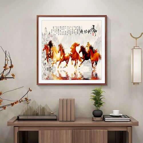 八骏图客厅玄关挂画斗方国画马到成功山水画大气老板办公室装饰画