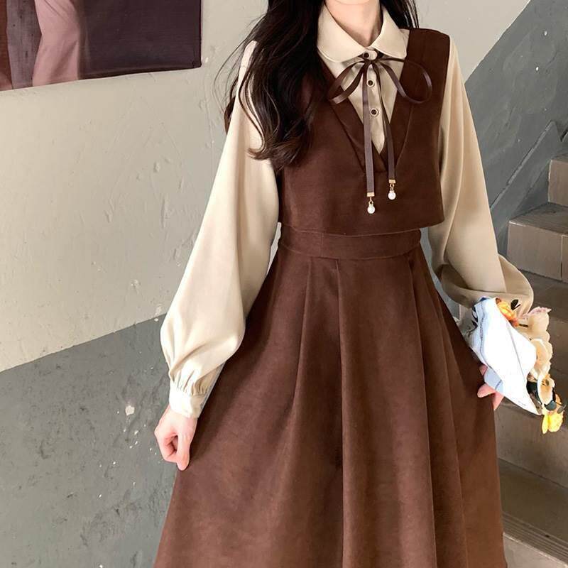 大码胖mm套装裙遮肉高腰拼接假两件连衣裙女秋韩系学院风减龄长裙