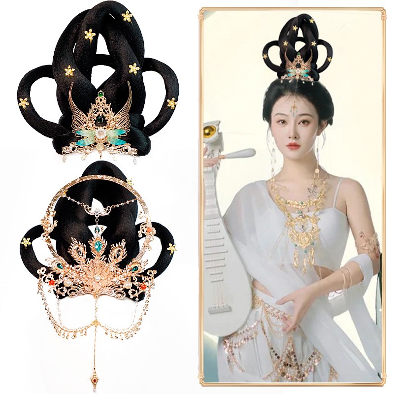 古风飞天发髻敦煌舞蹈演出假发圣母发冠光环光圈贵妃髻汉服发饰品