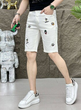 夏季男士牛仔短裤白色小脚修身潮牌刺绣弹力休闲五分裤时尚中裤薄