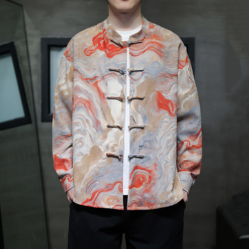 宇宙星空中国风春夏休闲复古唐装衬衫国潮星空印花盘扣茶服长袖