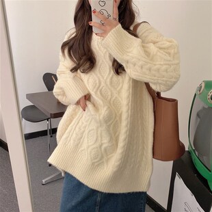 麻花毛衣裙女白色秋冬外穿加厚宽松慵懒风复古套头中长款粗毛线衣